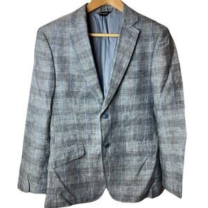 Marc Martin Mens Lt. Blue Linen Plaid 2 Button Jacket Size 36S